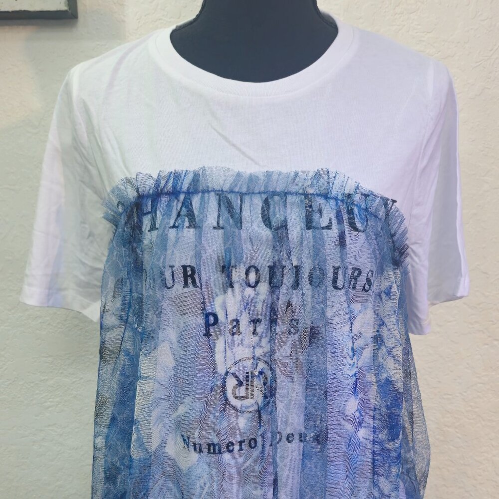 River Island NWT White Blue T-shirt Women's Size 14 image 2